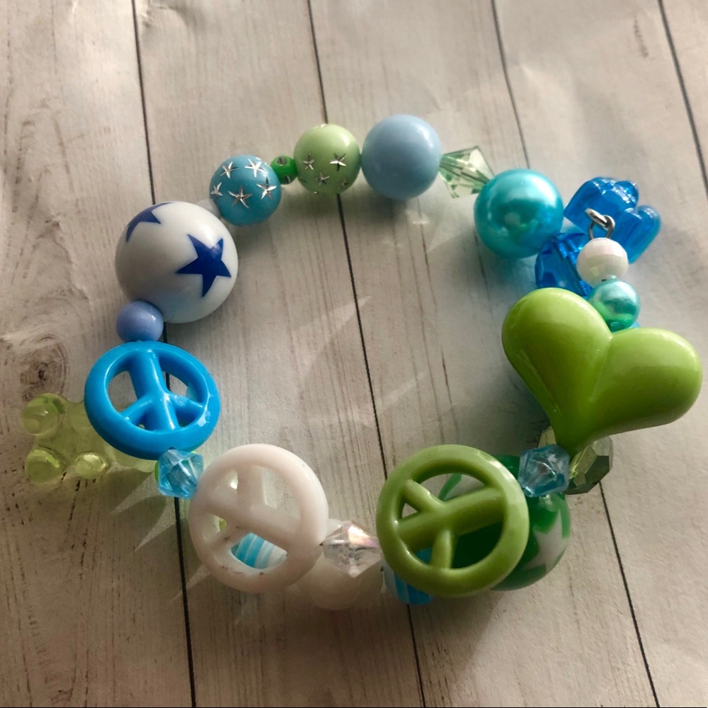 Peace Love teddy bear blue wrap boho bracelet bead